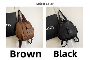Comparison of brown and black durable nylon backpacks featuring buckle flap pockets