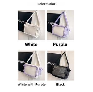 Collage of canvas messenger bags in white, purple, and black with large mesh pockets