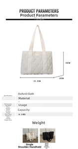 Detailed size specifications and dimensions for quilted oxford cloth tote bag