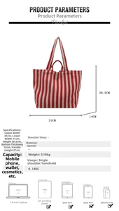 Detailed size chart and capacity guide for striped canvas tote bag with measurements