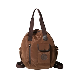 Zaino da viaggio marrone in nylon grande capacità con design rotondo e manico