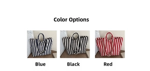Vertical striped canvas tote bags displayed in blue, black, and red color options