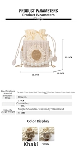 Detail of woven straw bucket bag featuring a large sunflower design and pearl handle