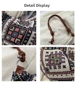 Detailed views of ethnic canvas bag texture with woven geometric patterns and leather strap