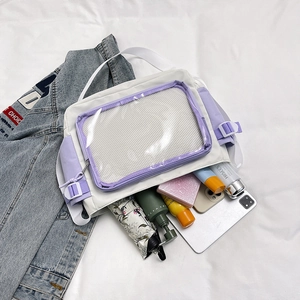 Sac messager minimaliste violet et blanc avec fenêtre transparente et grande capacité