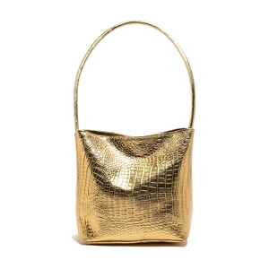 Minimalist large capacity bucket bag with gold crocodile pattern and top handle