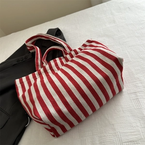 Large red and white striped canvas tote bag for women, stylish shoulder shopping handbag