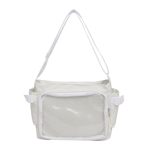 Minimalist ivory messenger bag with large mesh pocket and adjustable shoulder strap