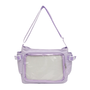 Light purple nylon ita bag with large transparent PVC pocket and adjustable shoulder strap