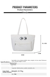 Detailed size chart and dimensions of the white canvas tote bag with eye pattern