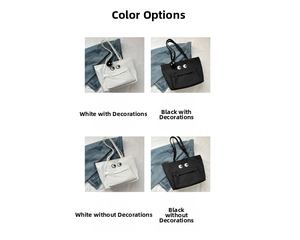 Grid view showing black and white canvas tote bags with and without cute eye charms