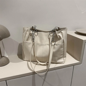 Large Capacity Tote Bag Women PU Leather Soft Chain Strap Shoulder Bag Office Commuting Minimalist Casual Handbag