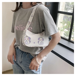 Detail of white Hobo shoulder bag with purple cartoon dog and Lucky print