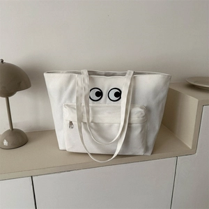 Large Capacity Canvas Tote Bag With Big Eyes Print Zipper Front Pocket Casual Shoulder Handbag For Women Student
