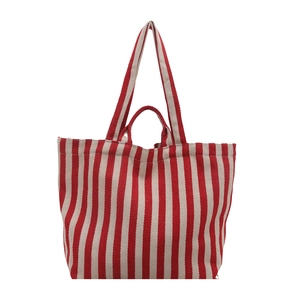 Minimalist red and white striped canvas tote bag with spacious vertical pattern design