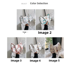 Five styles of cute cartoon printed white canvas shoulder bags with crescent shape