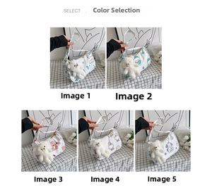 Collage showing five cartoon printed shoulder bags with plush bear charms and zip closures