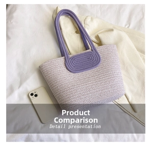 Detail of purple and white woven tote bag with rope handle shown next to a smartphone