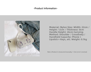 Detailed size chart showing 22x12x8cm dimensions for the white cartoon nylon underarm bag
