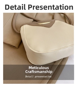 Close-up of litchi pattern faux leather handbag with contrast trim and gold hardware