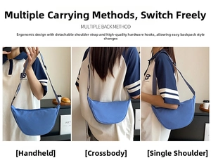 Blue nylon crescent bag with adjustable straps shown in three versatile carrying styles
