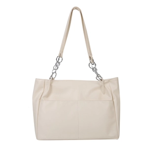 Creamy white faux leather tote bag with silver chain straps and large front pockets