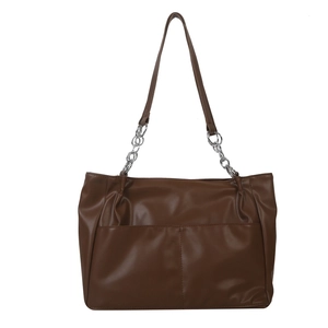 Brown PU leather tote bag with dual front pockets and silver chain shoulder strap
