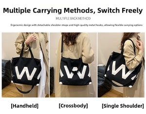 Sac cabas en toile noire montrant trois styles de port: à main, à l'épaule et en bandoulière