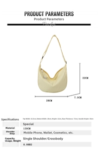 Detailed dimension chart showing size, strap length and capacity of the crescent bag