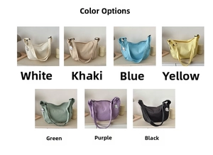 Detailed grid of waffle fabric crossbody bags in seven colors with dog charms