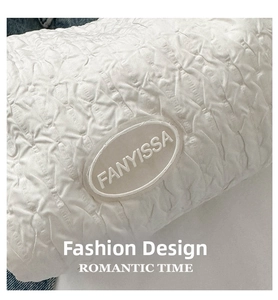 Close-up of pleated white nylon fabric with oval FANYISSA logo plaque on a shoulder bag