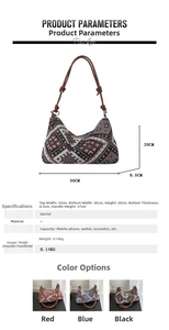 Detailed size specifications for bohemian woven underarm bag in red, blue, and black