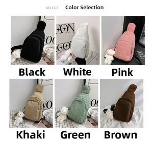 Detailed grid of corduroy waist bags in six colors with cute bear plush charm