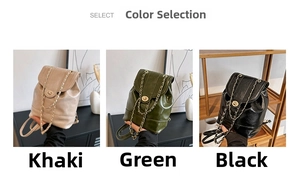 Three-color variety pack of vintage chain mini backpacks in khaki, green, and black