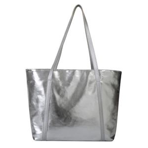 Metallic silver high-shine tote bag with large capacity and thin shoulder straps