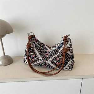 Ethnic Woven Shoulder Bag Women Retro Geometric Pattern Bohemian Hobo Crossbody Dumpling Bag Leather Knot Strap