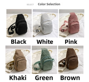 Detailed grid of corduroy fanny packs in black, white, pink, khaki, green, and brown colors
