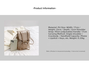 Detailed size info of light brown PU leather chain bag measuring 17x22x12cm
