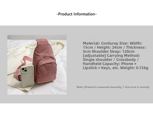 Detailed size chart and dimensions of a pink corduroy crossbody bag with phone comparison