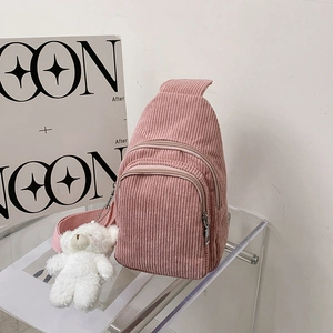 Corduroy Chest Bag For Women Sling Shoulder Crossbody Purse Casual Kawaii Japanese Style Adjustable Strap Zipper Pockets