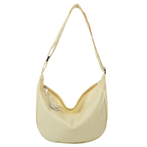 Cream crescent shoulder bag in textured fabric with adjustable strap and chain detail