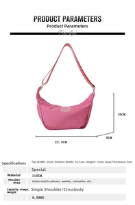 Pink crescent shoulder bag size chart showing dimensions 35x16cm and lightweight 0.09kg specs