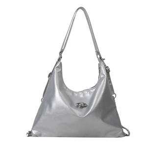 Chic silver metallic tote bag with saturn logo ornament for women's daily commute
