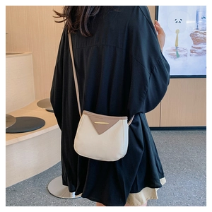 Detail of minimalist cream and coffee color-block leather bag with golden clasp