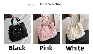 Three large bubble textured tote bags in black pink and white with pearl chain details