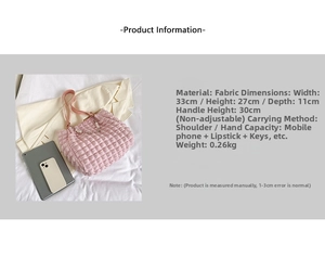 Detail view of pink bubble textured tote bag with pearl chain and leather strap