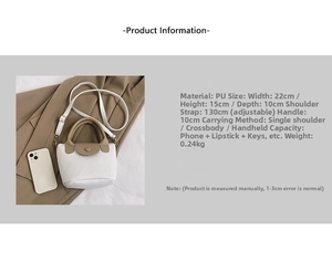 Detailed dimensions of white and khaki PU leather bucket bag with adjustable shoulder strap
