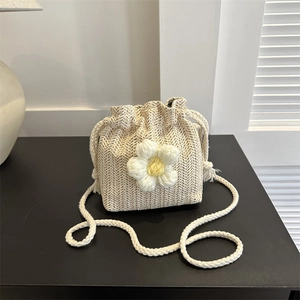 Woven Bucket Bag Straw Crochet Flower Decoration Drawstring Crossbody Shoulder Bag Pastoral Style Women Small