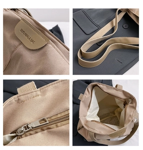 Detailed views of khaki canvas tote bag showing logo, stitching, zipper and interior
