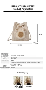 Straw drawstring bucket bag featuring white flower detail and specific dimensions layout